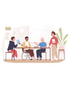 desenho de pessoas diversas no escritório, negra, branca, em cadeira de rodas, jovens e idosos, representando a diversidade e inclusão